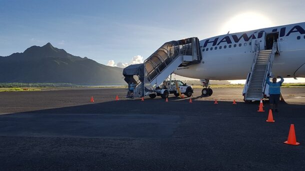 Picture of a Hawaiian Airlines flight taken from the tarmac of the Pago Pago Airport in American Samoa. Photo credit: Eddy23
