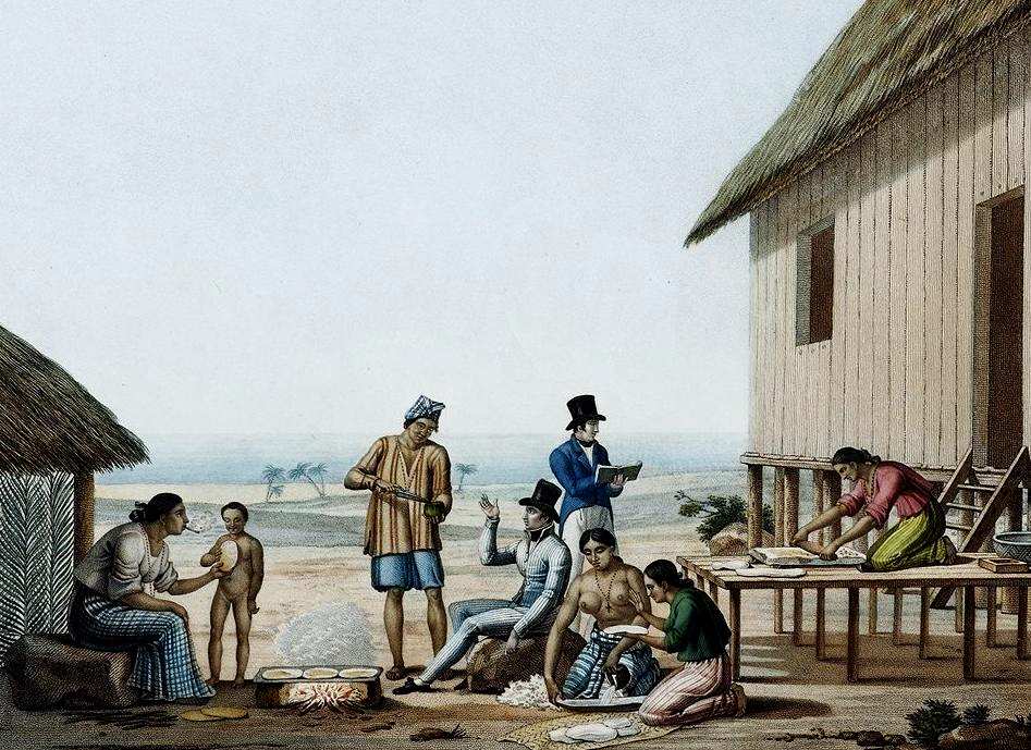 View of the the Spanish colonial era in the Marianas picturing both the Chamorros and the elegantly dressed Spanish. Photo credit: Historical Boys' Clothing