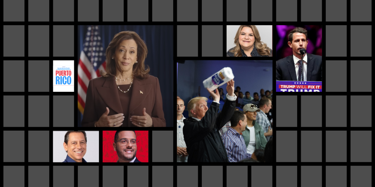 Image of Kamala Harris' plan for Puerto Rico, along with portraits of Harris, Juan Dalmau, Jesús Manuel Ortiz, Jenniffer González-Colón, Tony Hinchcliffe, and Donald Trump throwing paper towels.