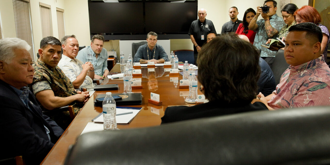 United States Secretary of Defense Pete Hegseth meets Governor Lou Leon Guerrero of Guam; Governor Arnold Palacios of the Northern Mariana Islands; and Delegate James Moylan of Guam, during his visit to Andersen Air Force Base, March 27.