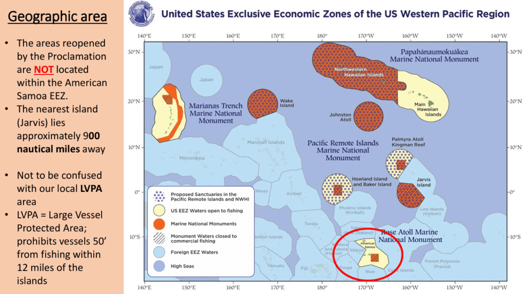 Map of the geographic area of the United States Exclusive Economic Zones of the US Western Pacific Region, US EEZ Waters open to fishing, Marine national Monuments, Monument Waters closed to commercial fishing, and Foreign EEZ Waters.